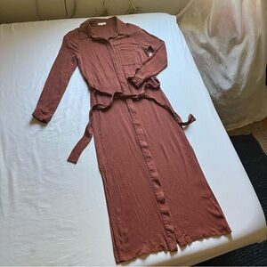 WHIMSY + ROW rust red orange button up belted long sleeve midi shirt dress